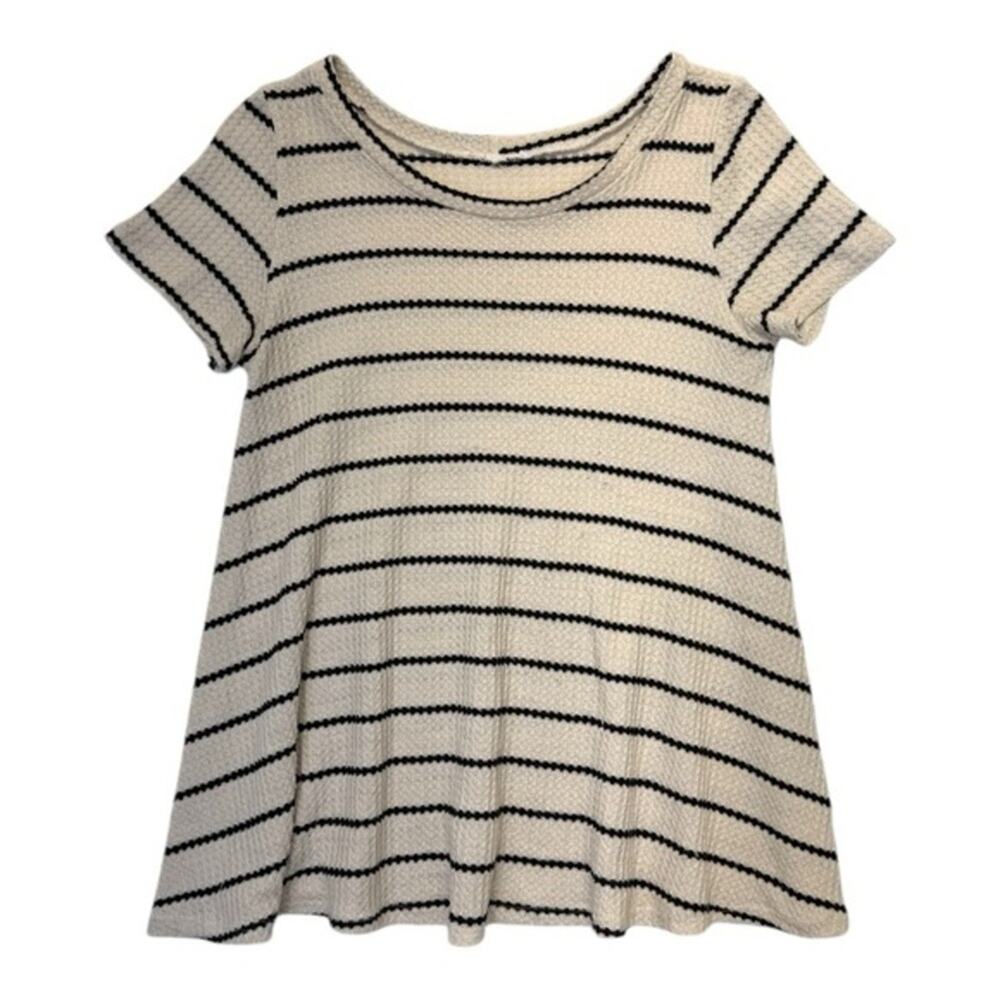 Women’s Waffle Knit Striped Tunic Top Medium Beige Black Short Sleeve Casual